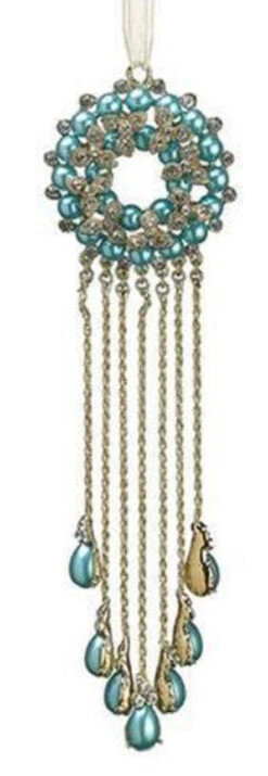 7.5" Gold And Turquoise Green Rhinestone Embellished Medallion Christmas Ornament