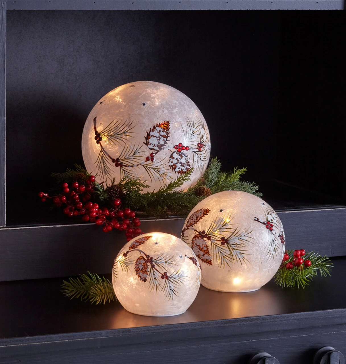 Set Of 3 White And Red LED Pinecone And Berry Globes 8" 4 Set Of 3 White And Red LED Pinecone And Berry Globes 8" - Image 2