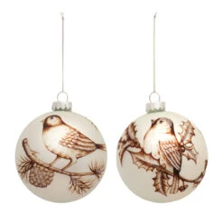 6ct White And Brown Bird Glass Christmas Ball Ornaments 5"