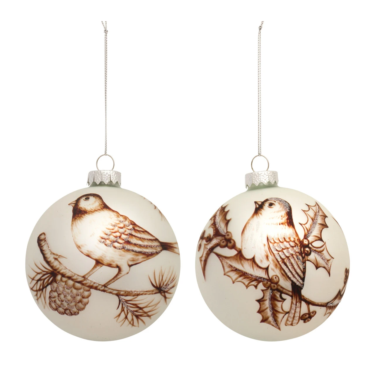 6ct White And Brown Bird Glass Christmas Ball Ornaments 5" 3 6ct White And Brown Bird Glass Christmas Ball Ornaments 5"