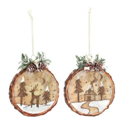 Set Of 6 Brown Cabin And Deer Christmas Disc Ornaments 4.5"