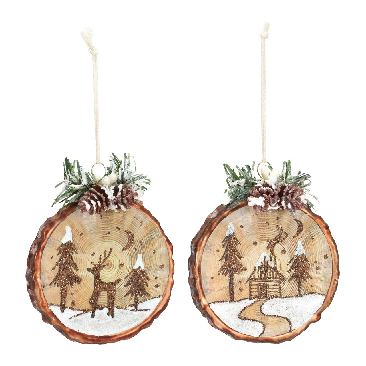Set Of 6 Brown Cabin And Deer Christmas Disc Ornaments 4.5" 3 Set Of 6 Brown Cabin And Deer Christmas Disc Ornaments 4.5"