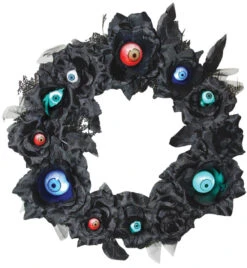 Pre-Lit Black And Blue Eyeball Halloween Wreath - 15-Inch