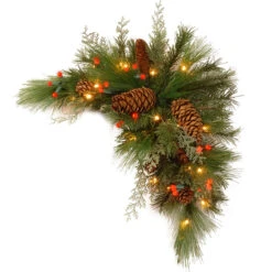 30" Pre-Lit Green And Brown Artificial Pine Christmas Swag - LED Lights