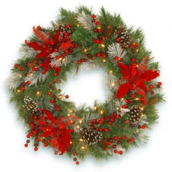 30" Pre-Lit LED Tartan Plaid Poinsettias Artificial Christmas Wreath - Warm White Lights