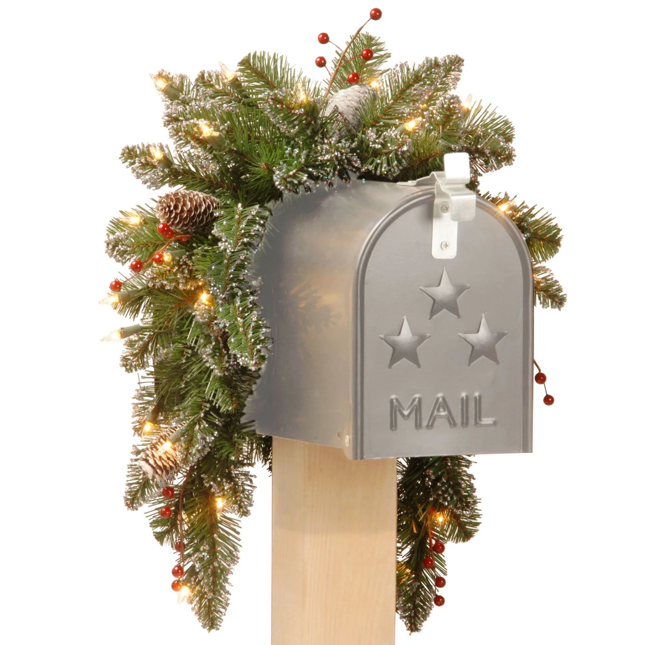 3' Glittery Mountain Spruce Mailbox Swag With White Edged Cones, Red Berries And 35 Warm White Battery Operated LEDs 3 3' Glittery Mountain Spruce Mailbox Swag With White Edged Cones, Red Berries And 35 Warm White Battery Operated LEDs