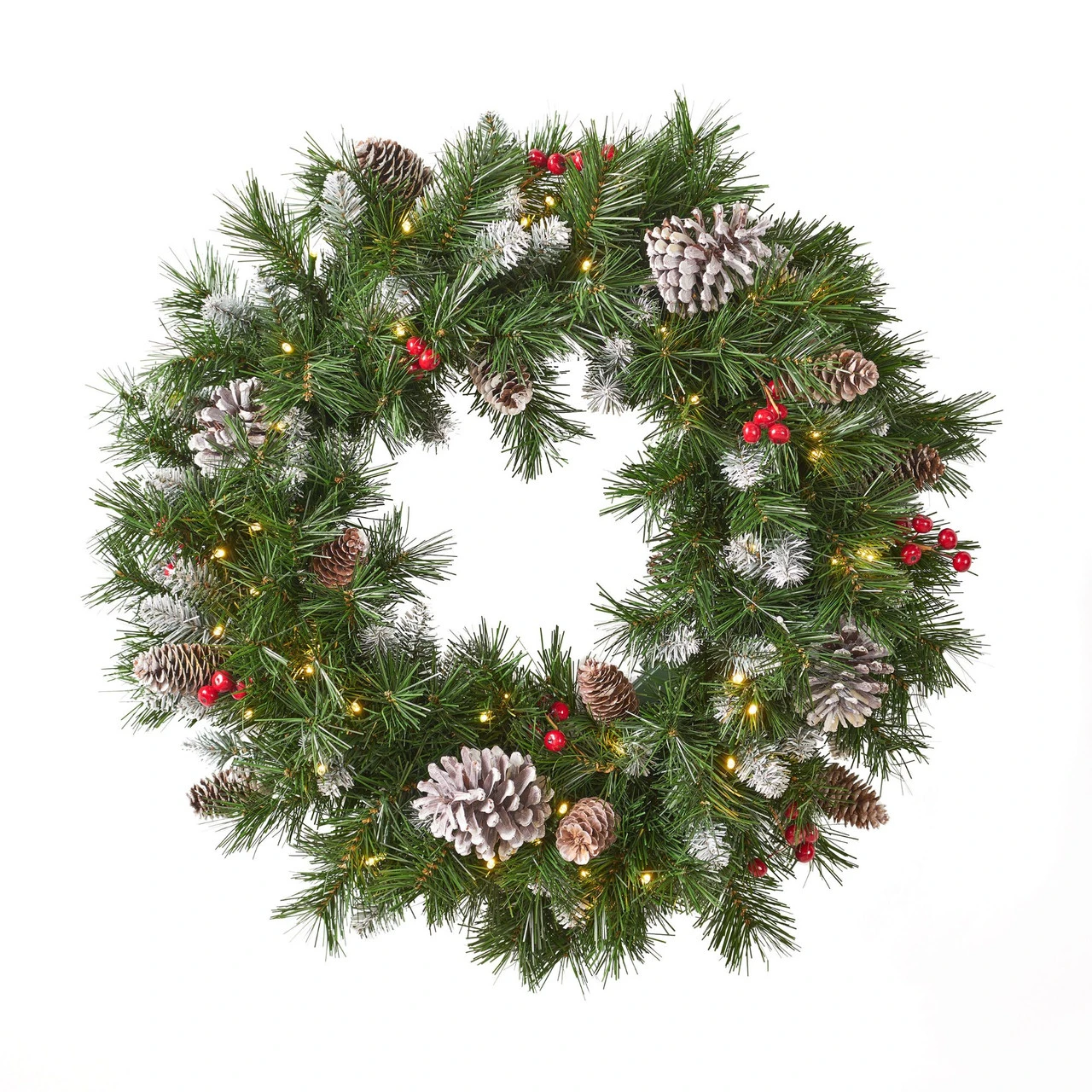 24" Mixed Spruce Christmas Wreath W/50 Warm White LED Lights, Frosted Branches, Red Berries And Pine 3 24" Mixed Spruce Christmas Wreath W/50 Warm White LED Lights, Frosted Branches, Red Berries And Pine