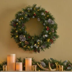 24" Mixed Spruce Christmas Wreath W/50 Warm White LED Lights, Frosted Branches, Red Berries And Pine 12 24" Mixed Spruce Christmas Wreath W/50 Warm White LED Lights, Frosted Branches, Red Berries And Pine -Christmas Decoration Store dnhhf 307396 4 42679.1667576781