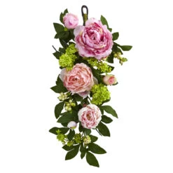 24" Peony And Hydrangea Artificial Spring Teardrop Swag - Unlit