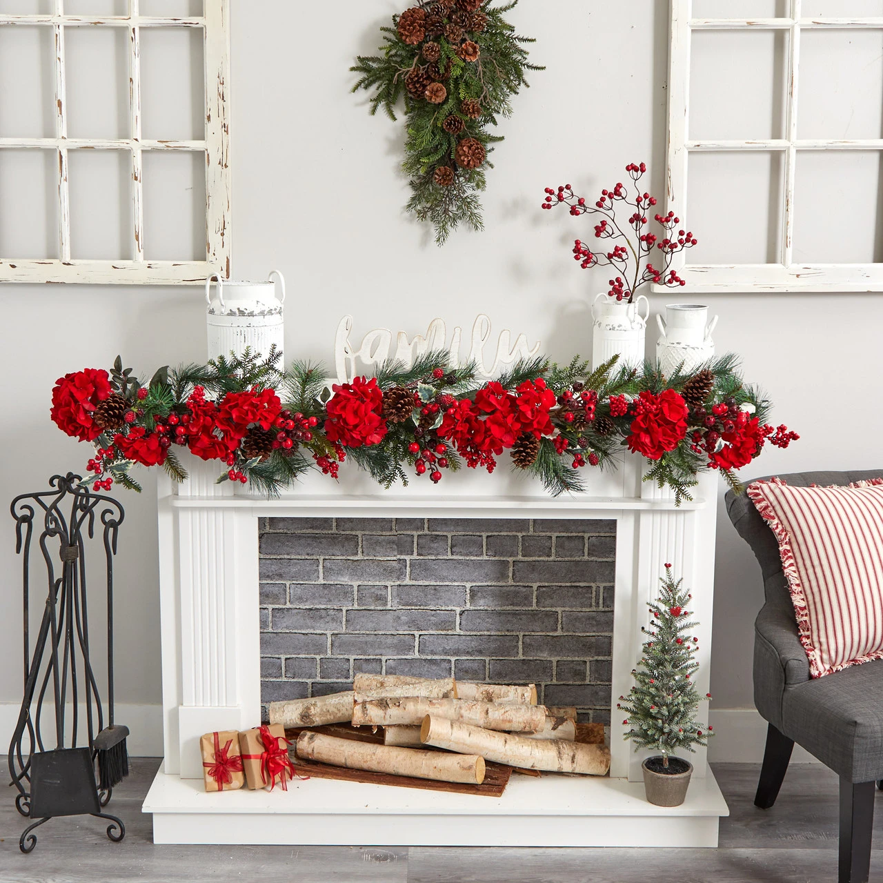 6' X 11" Red Hydrangea Artificial Christmas Garland, Unlit 4 6' X 11" Red Hydrangea Artificial Christmas Garland, Unlit - Image 2