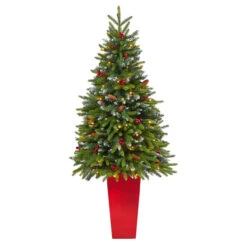 5' Pre-Lit Potted Snow Tipped Mini Artificial Christmas Tree, Clear LED Lights