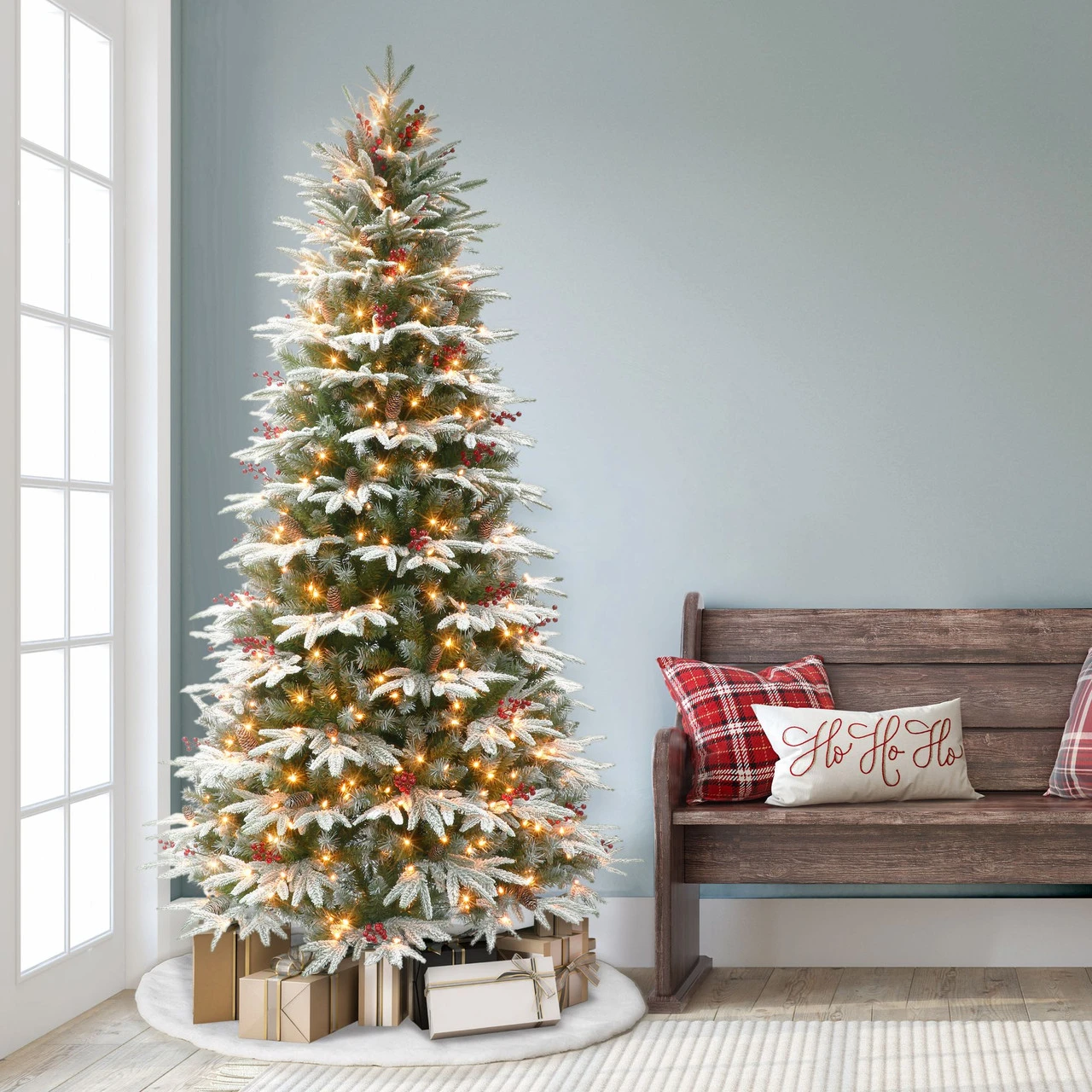 6.5' Pre-lit Slim Flocked Halifax Fir Artificial Christmas Tree, Clear Lights 4 6.5' Pre-lit Slim Flocked Halifax Fir Artificial Christmas Tree, Clear Lights - Image 2