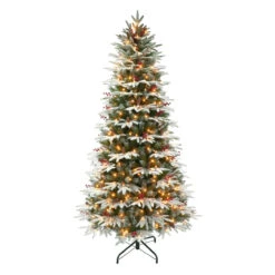7.5' Pre-Lit Slim Flocked Halifax Fir Artificial Christmas Tree, Clear Lights