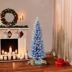 4.5' Pre-Lit Pencil Flocked Blue Artificial Christmas Tree, Clear Lights -Christmas Decoration Store dpul tpf9612 45c1 bl 2 10621.1668756795