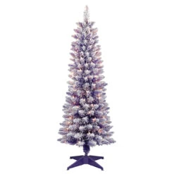 4.5' Pre-Lit Pencil Flocked Purple Artificial Christmas Tree, Clear Lights