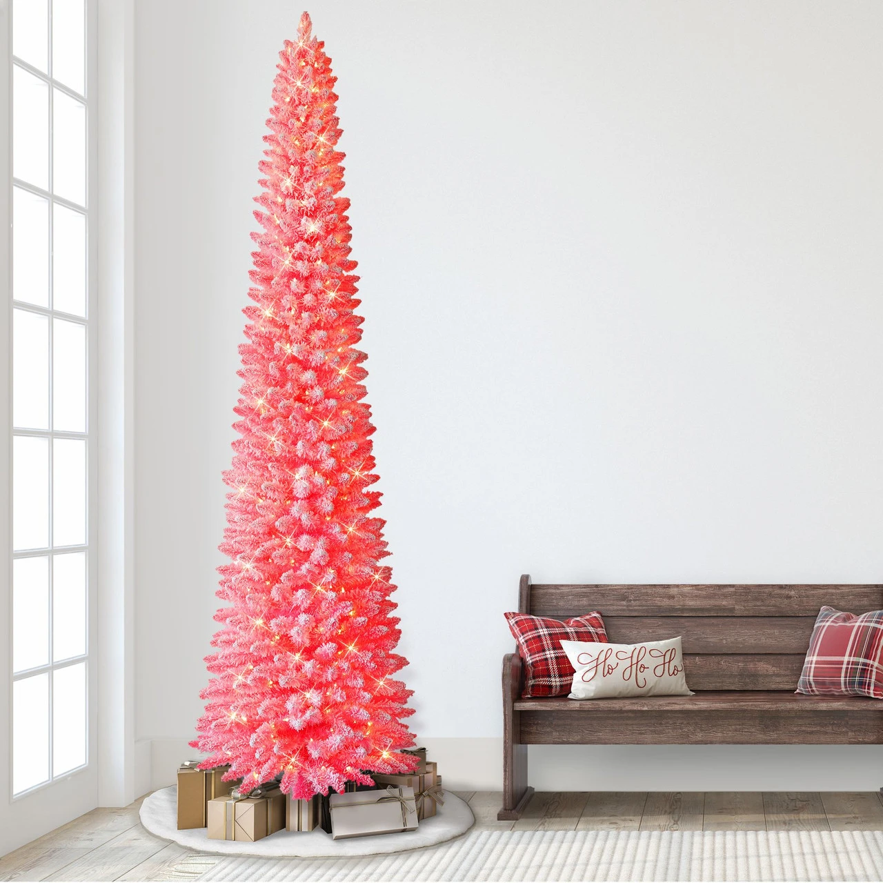 9' Pre-lit Flocked Fashion Pink Pencil Artificial Christmas Tree, Clear Lights 4 9' Pre-lit Flocked Fashion Pink Pencil Artificial Christmas Tree, Clear Lights - Image 2