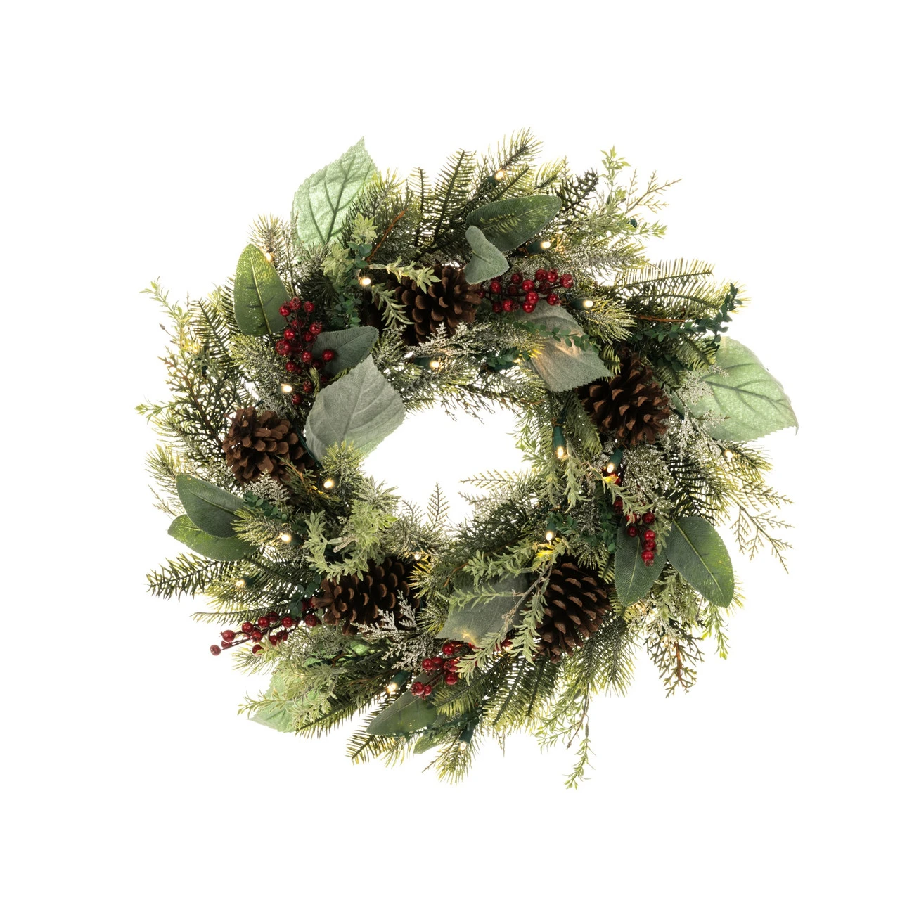 Pre-Lit Green And Red Winter Frost Artificial Christmas Wreath, 24-Inch, Clear LED Lights 3 Pre-Lit Green And Red Winter Frost Artificial Christmas Wreath, 24-Inch, Clear LED Lights