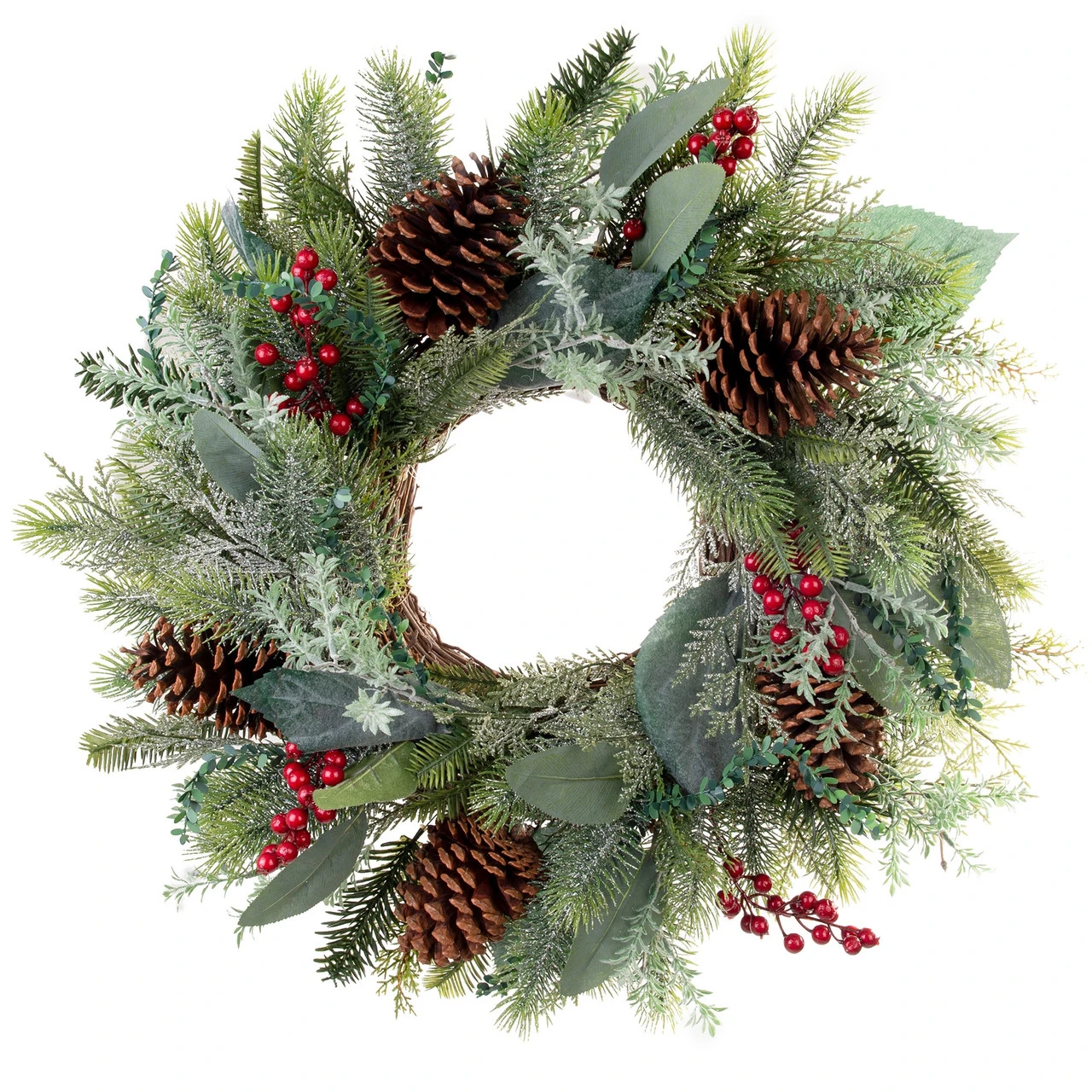 Pre-Lit Green And Red Winter Frost Artificial Christmas Wreath, 24-Inch, Clear LED Lights 5 Pre-Lit Green And Red Winter Frost Artificial Christmas Wreath, 24-Inch, Clear LED Lights - Image 3