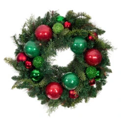 Pre-Lit Red And Green Artificial Christmas Cheer Wreath, 24-Inch, Clear LED Lights