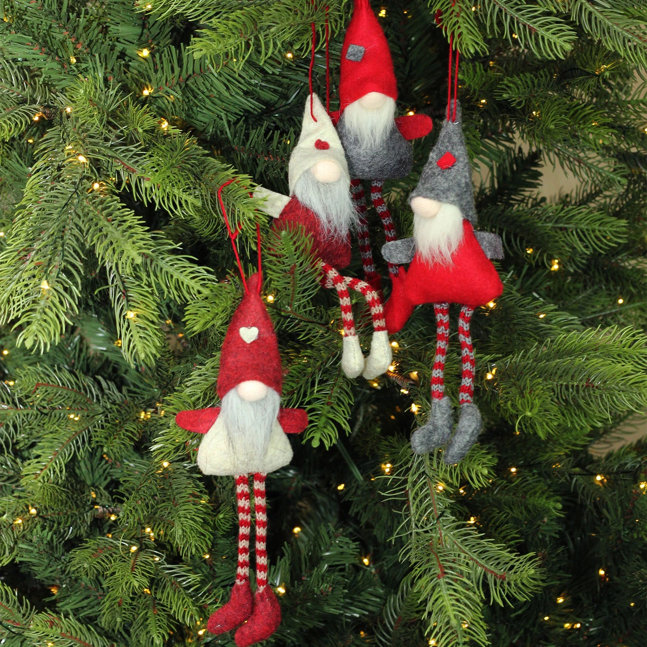 Set Of 4 Red And Gray Plush Gnome Christmas Ornaments 9" 7 Set Of 4 Red And Gray Plush Gnome Christmas Ornaments 9" - Image 5
