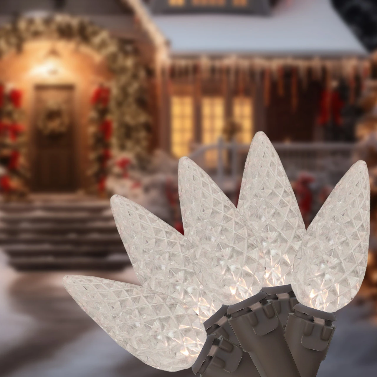 70 Warm White LED Faceted C6 Christmas Lights - 23 Ft Brown Wire 3 70 Warm White LED Faceted C6 Christmas Lights - 23 Ft Brown Wire