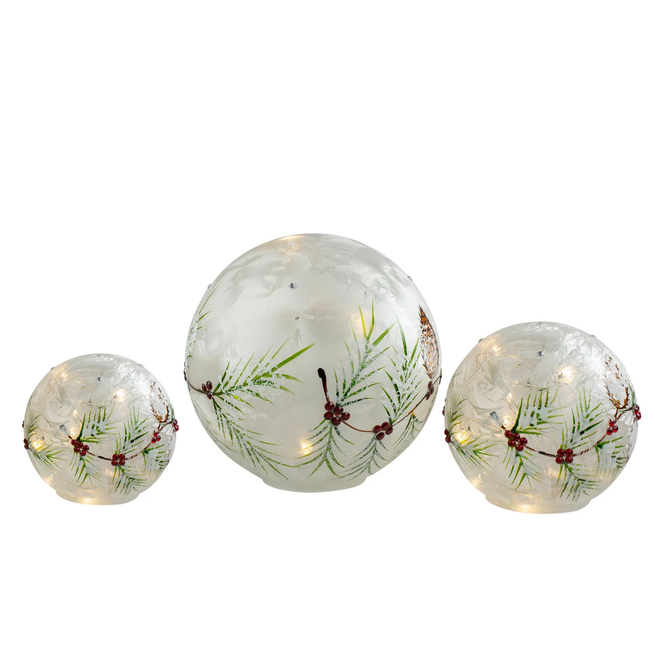 Set Of 3 LED Frosted Snowball Berries And Pine Glass Christmas Globes With Timer - 8" 4 Set Of 3 LED Frosted Snowball Berries And Pine Glass Christmas Globes With Timer - 8" - Image 2