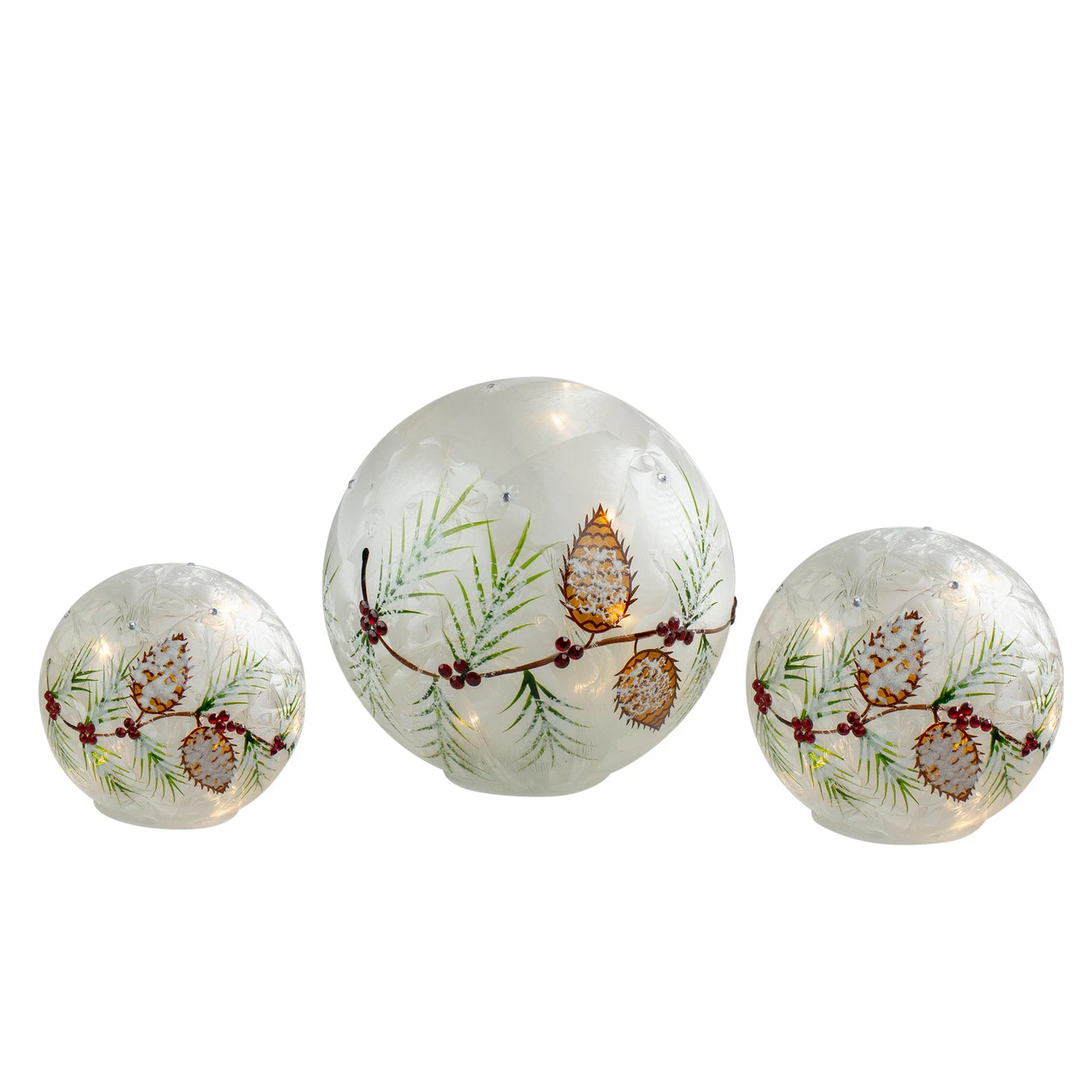 Set Of 3 LED Frosted Snowball Berries And Pine Glass Christmas Globes With Timer - 8" 3 Set Of 3 LED Frosted Snowball Berries And Pine Glass Christmas Globes With Timer - 8"
