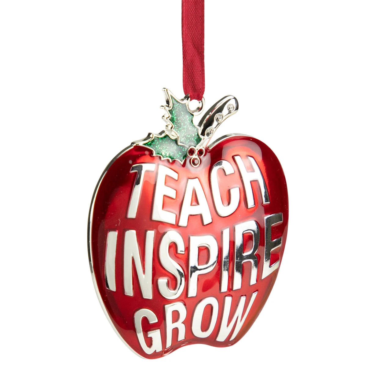 3.25" Red Silver Plated Apple Teacher Christmas Ornament With European Crystals 6 3.25" Red Silver Plated Apple Teacher Christmas Ornament With European Crystals - Image 4