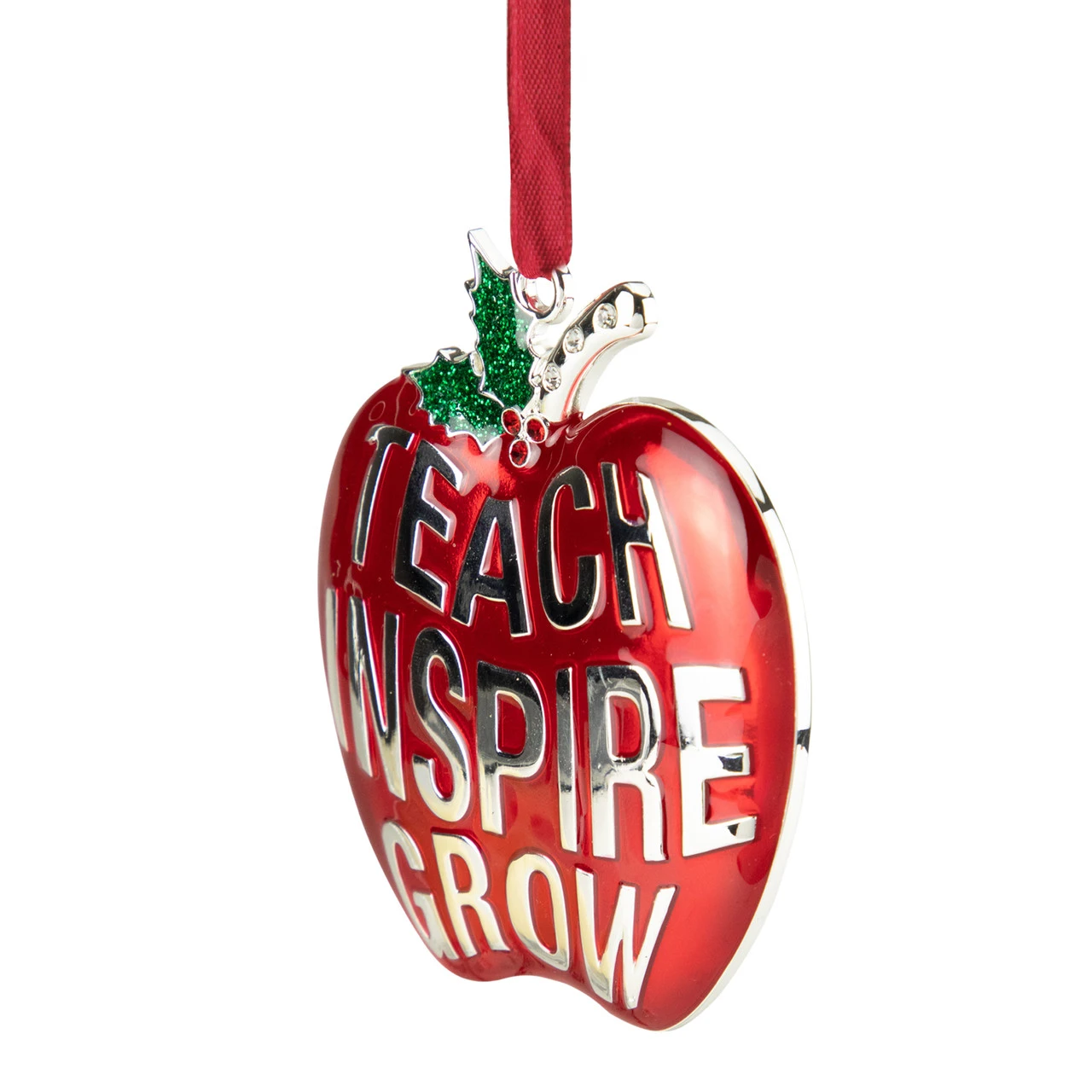 3.25" Red Silver Plated Apple Teacher Christmas Ornament With European Crystals 5 3.25" Red Silver Plated Apple Teacher Christmas Ornament With European Crystals - Image 3