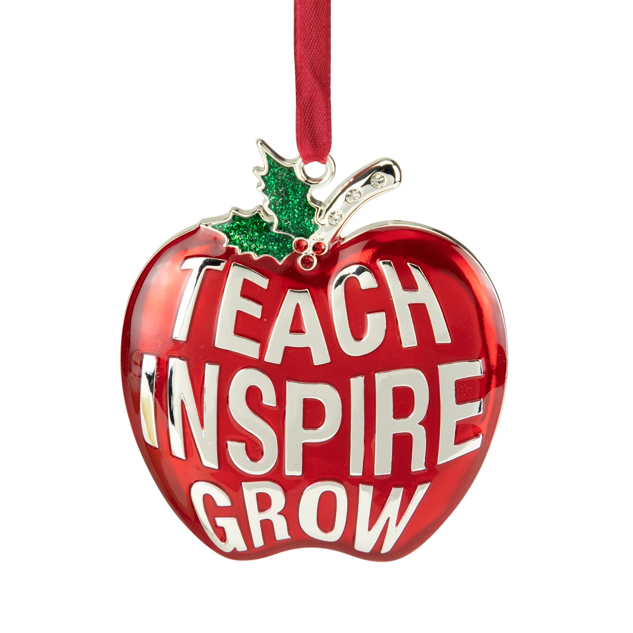3.25" Red Silver Plated Apple Teacher Christmas Ornament With European Crystals 3 3.25" Red Silver Plated Apple Teacher Christmas Ornament With European Crystals