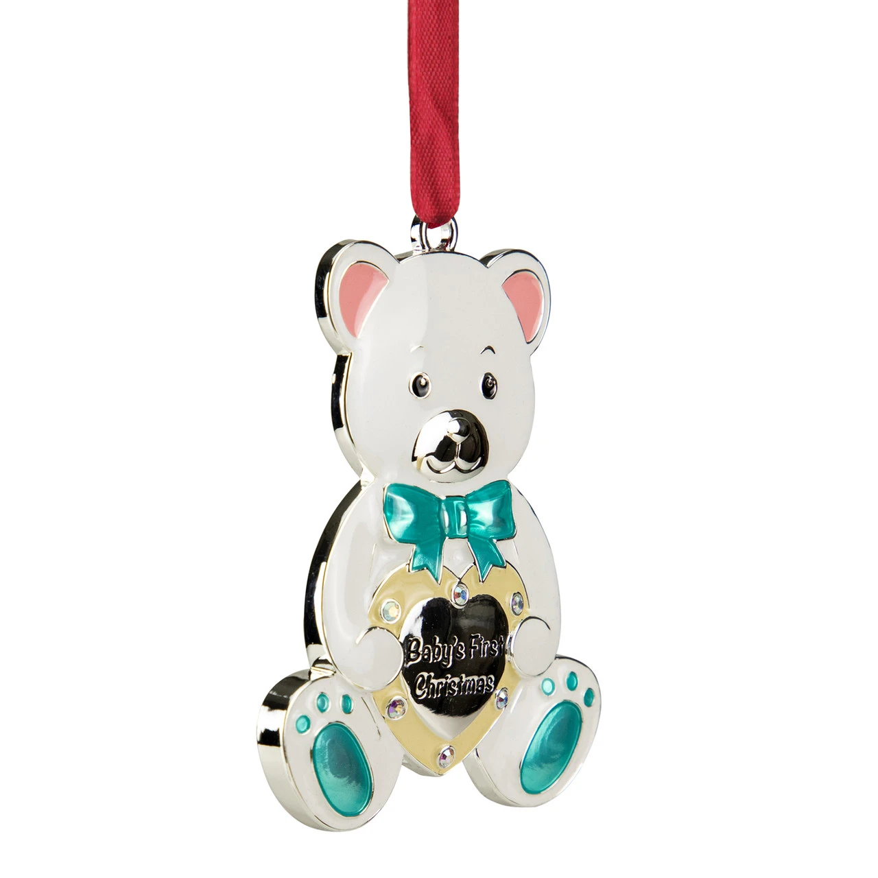 3" Pastel Silver Plated Bear Baby's First Christmas Ornament With European Crystals 6 3" Pastel Silver Plated Bear Baby's First Christmas Ornament With European Crystals - Image 4