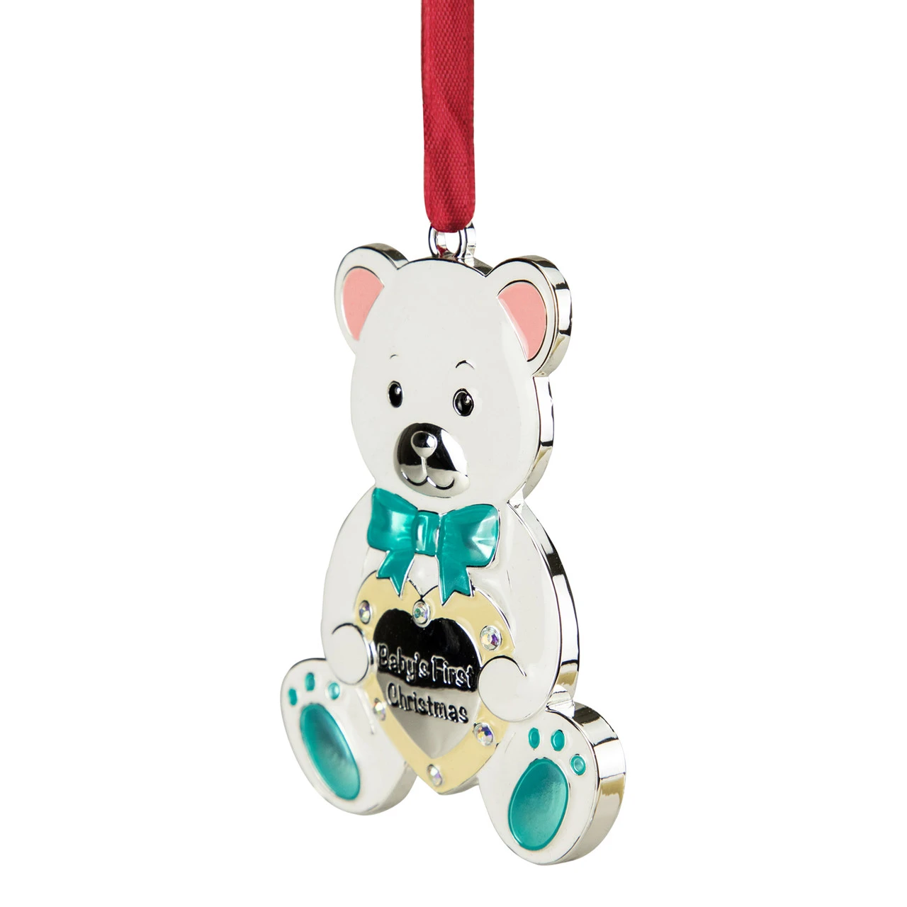 3" Pastel Silver Plated Bear Baby's First Christmas Ornament With European Crystals 5 3" Pastel Silver Plated Bear Baby's First Christmas Ornament With European Crystals - Image 3