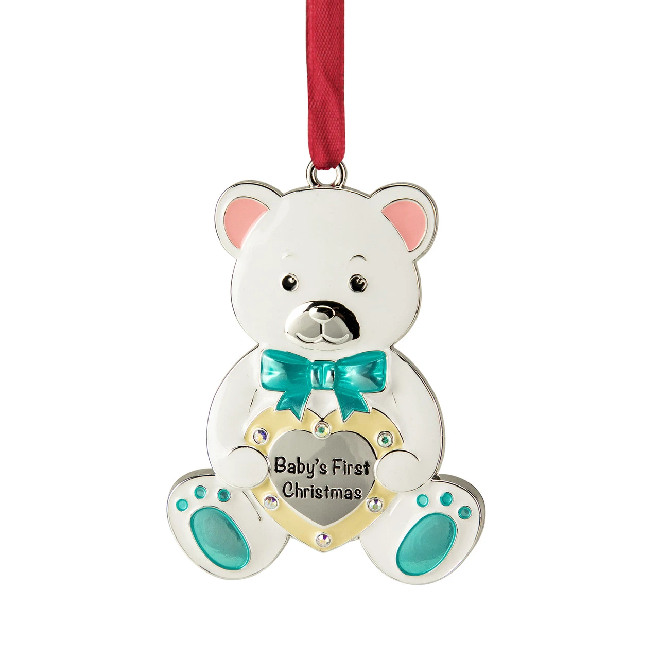 3" Pastel Silver Plated Bear Baby's First Christmas Ornament With European Crystals 3 3" Pastel Silver Plated Bear Baby's First Christmas Ornament With European Crystals