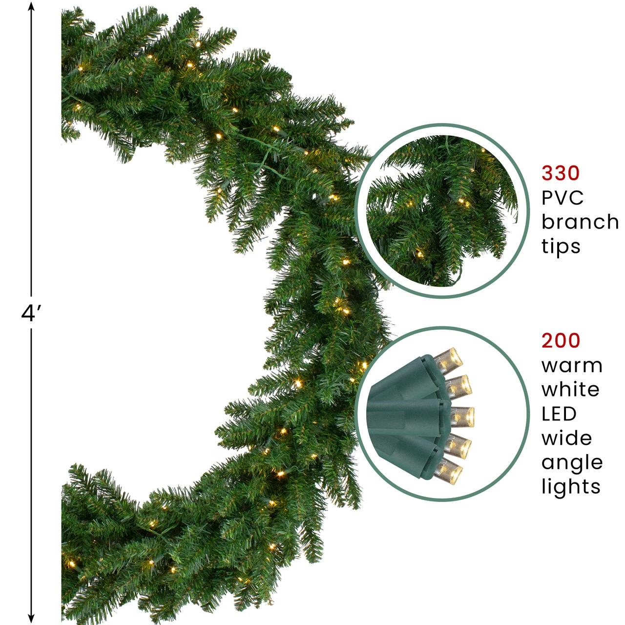 LED Lighted Buffalo Fir Artificial Christmas Wreath - 48-Inch, Warm White Lights 6 LED Lighted Buffalo Fir Artificial Christmas Wreath - 48-Inch, Warm White Lights - Image 4