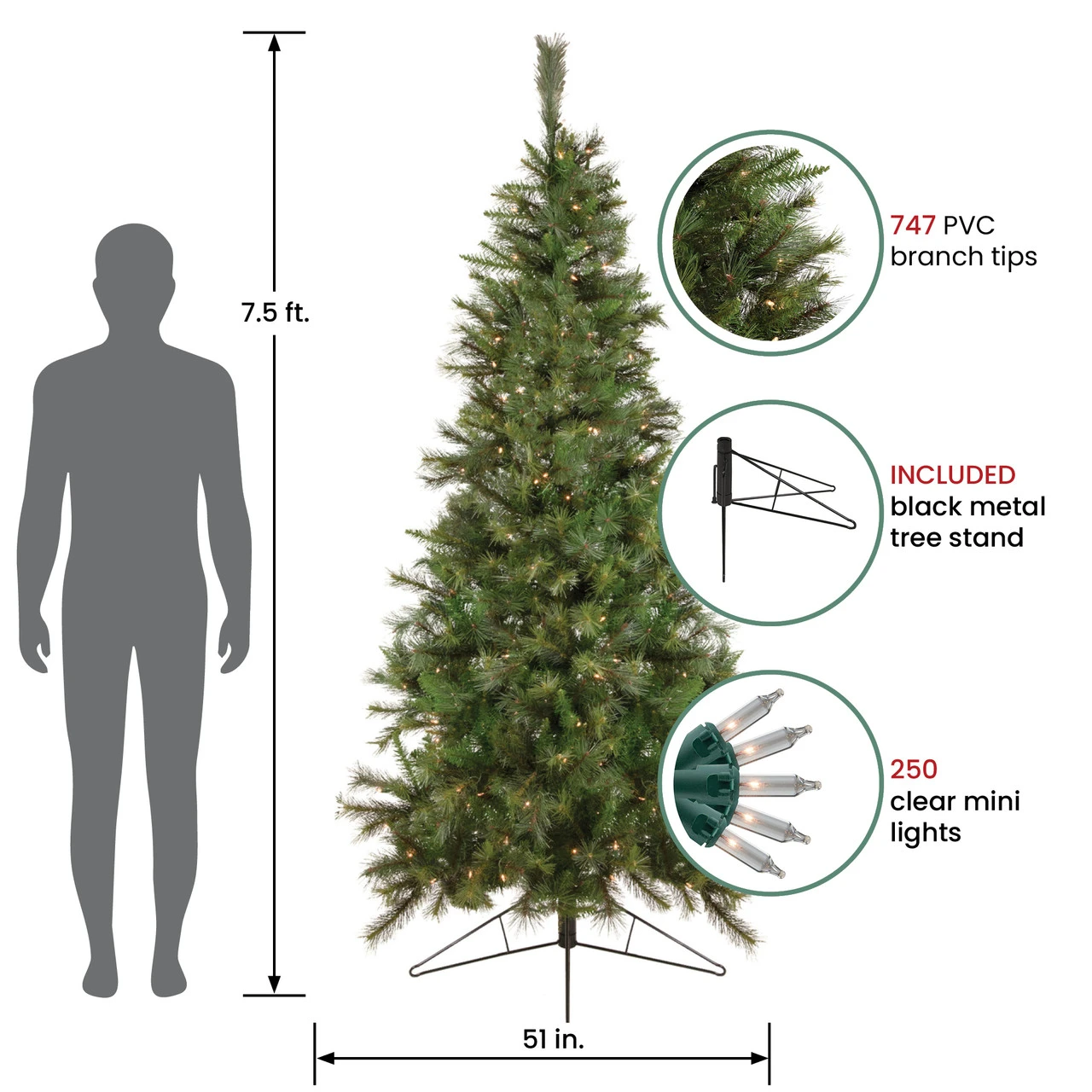 7.5' Pre-Lit Slim Canyon Pine Half Wall Artificial Christmas Tree - Clear Lights 5 7.5' Pre-Lit Slim Canyon Pine Half Wall Artificial Christmas Tree - Clear Lights - Image 3