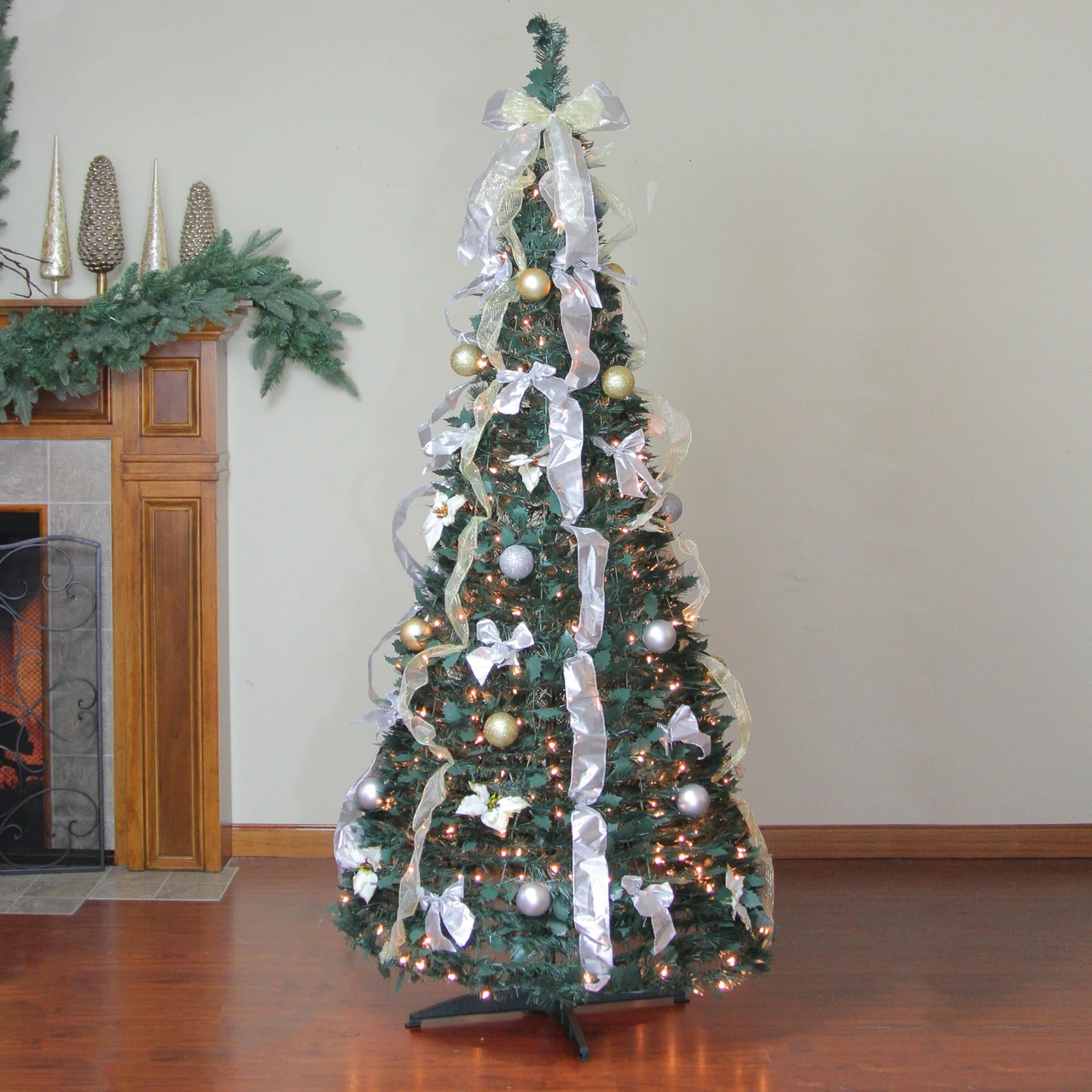 6' Pre-Lit Silver And Gold Pre-Decorated Pop-Up Artificial Christmas Tree, Clear Lights 4 6' Pre-Lit Silver And Gold Pre-Decorated Pop-Up Artificial Christmas Tree, Clear Lights - Image 2