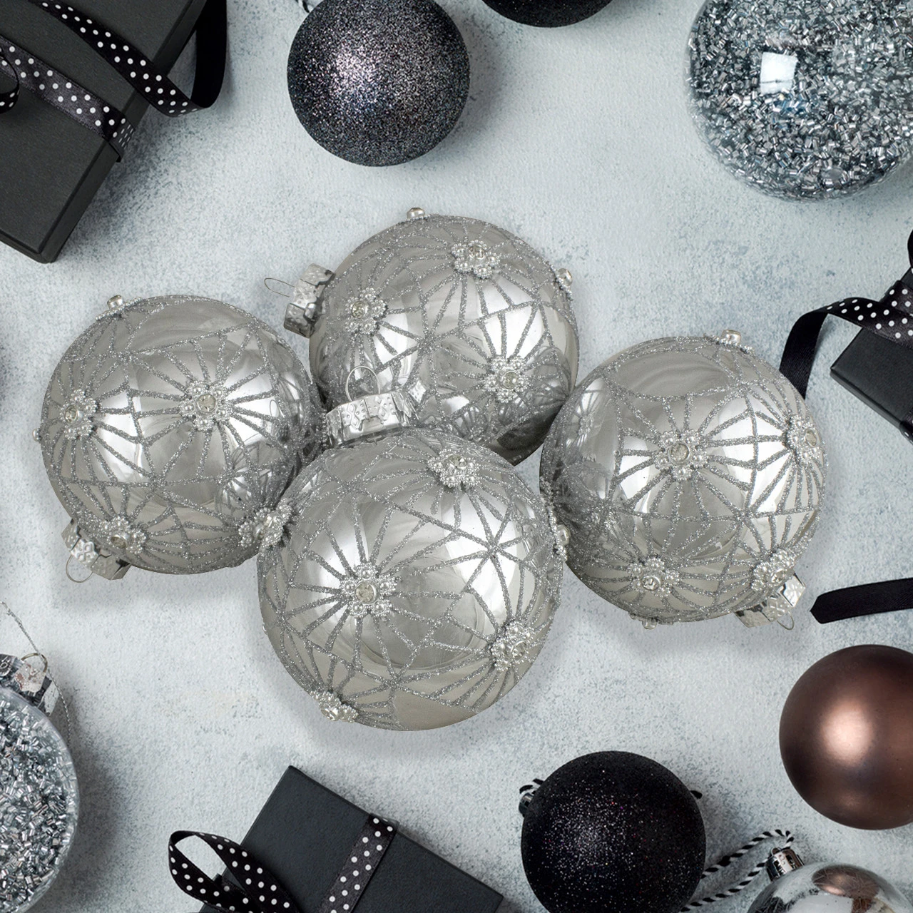 4ct Silver With Floral Gem Christmas Ball Ornaments 3.25-Inch (80mm) 5 4ct Silver With Floral Gem Christmas Ball Ornaments 3.25-Inch (80mm) - Image 3