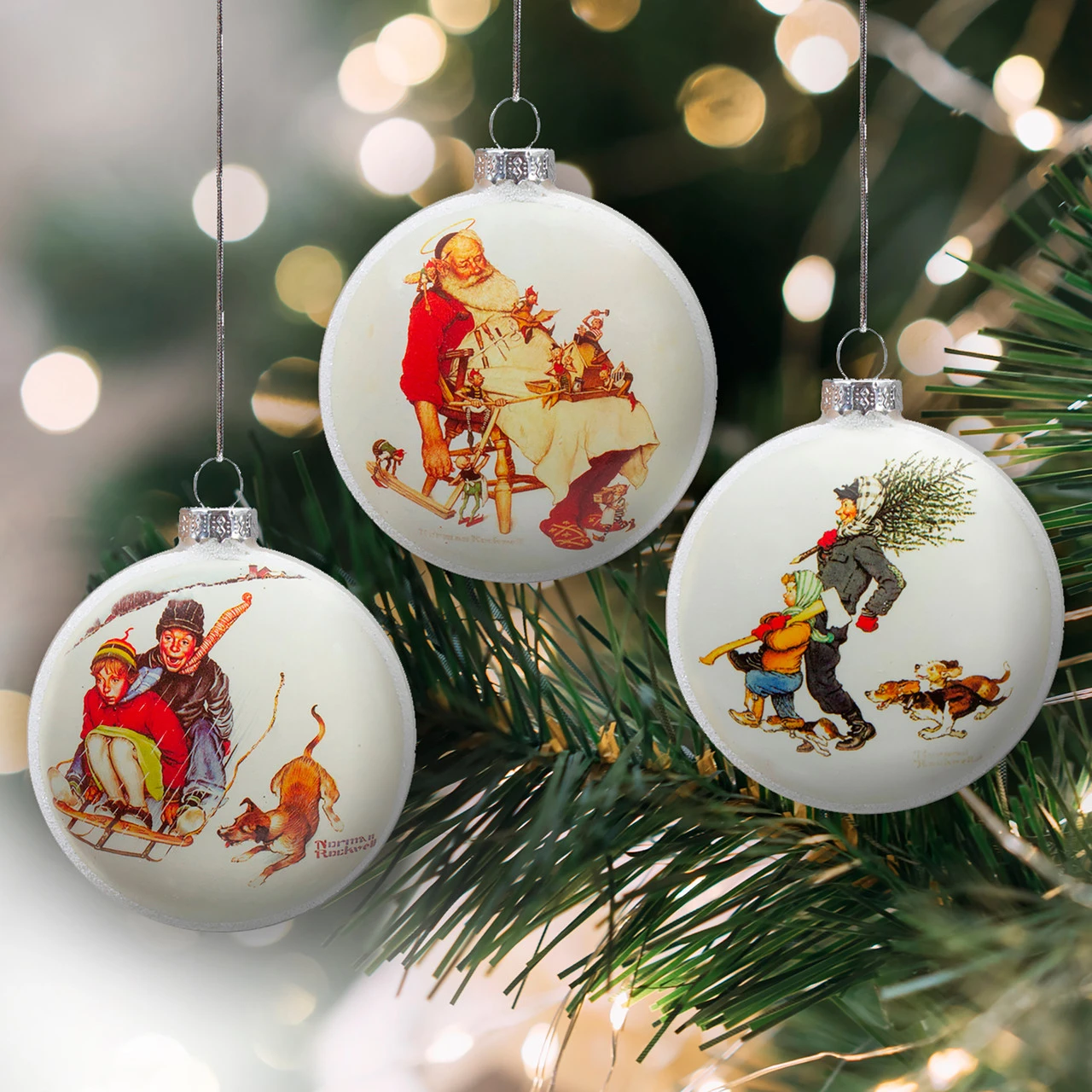 Set Of 3 Norman Rockwell Glass Christmas Disc Ornament 4 Set Of 3 Norman Rockwell Glass Christmas Disc Ornament - Image 2