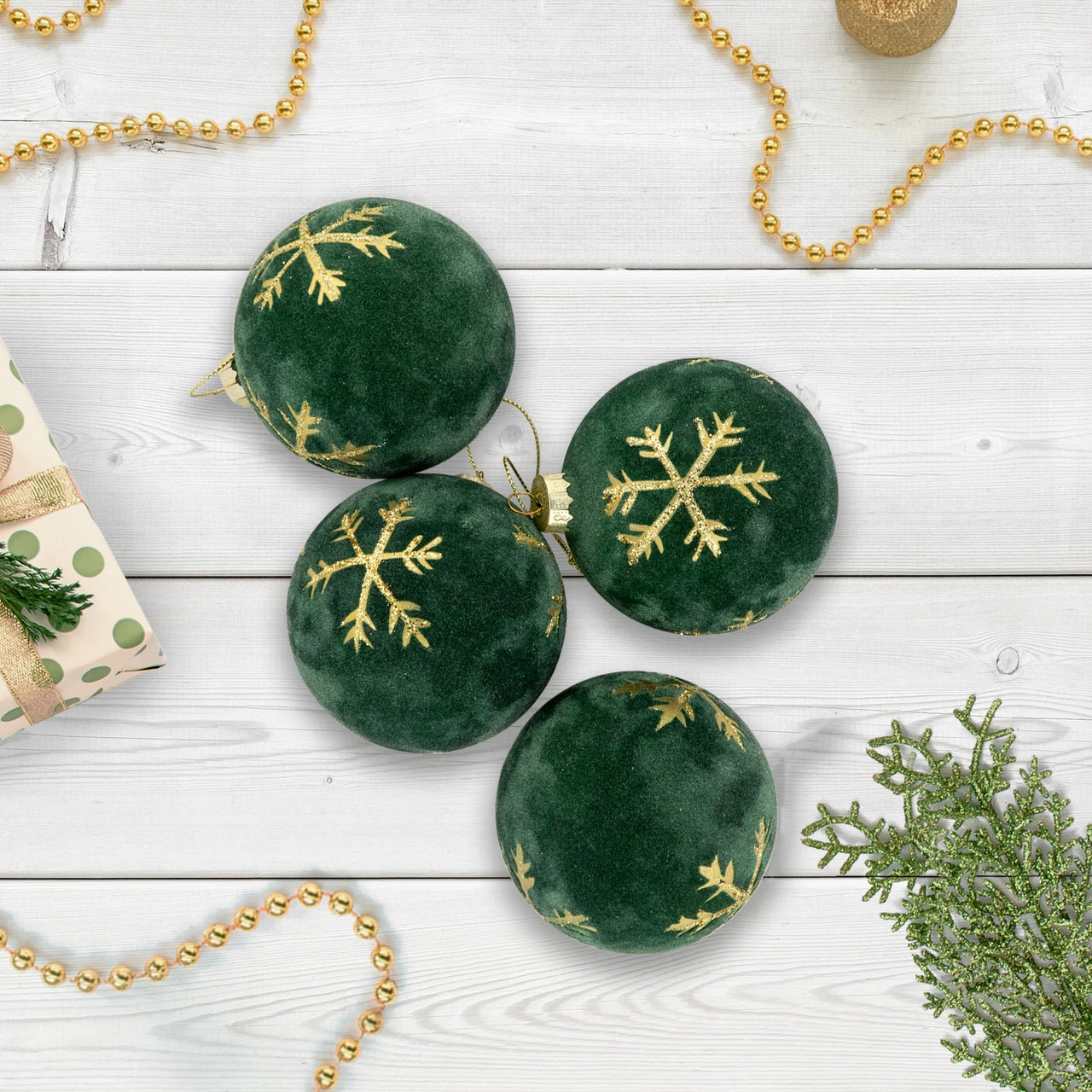 4ct Green Velvet Glass Christmas Ball Ornaments With Gold Snowflakes 3" (80mm) 4 4ct Green Velvet Glass Christmas Ball Ornaments With Gold Snowflakes 3" (80mm) - Image 2