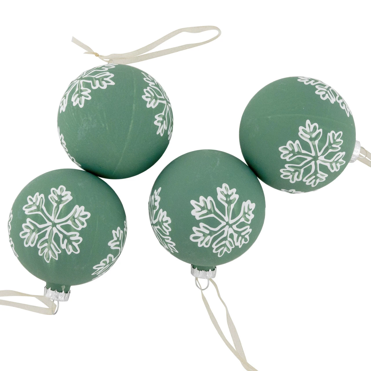4ct Green Glass Christmas Ball Ornaments With White Snowflakes 3" (80mm) 8 4ct Green Glass Christmas Ball Ornaments With White Snowflakes 3" (80mm) - Image 6