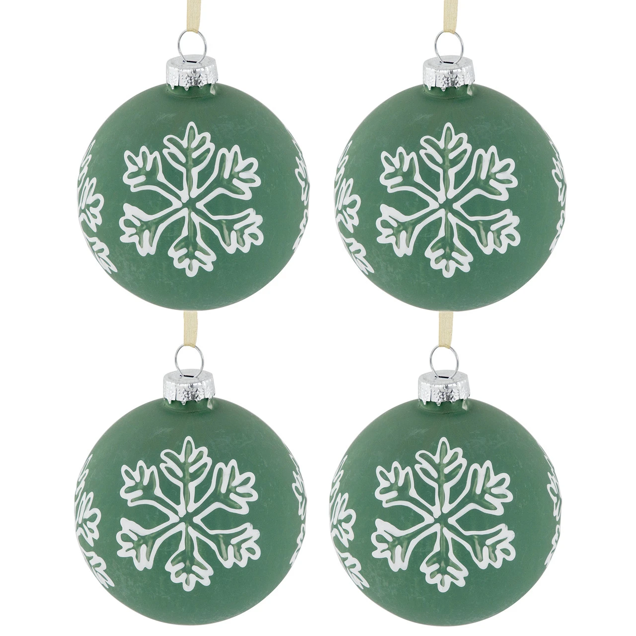 4ct Green Glass Christmas Ball Ornaments With White Snowflakes 3" (80mm) 3 4ct Green Glass Christmas Ball Ornaments With White Snowflakes 3" (80mm)