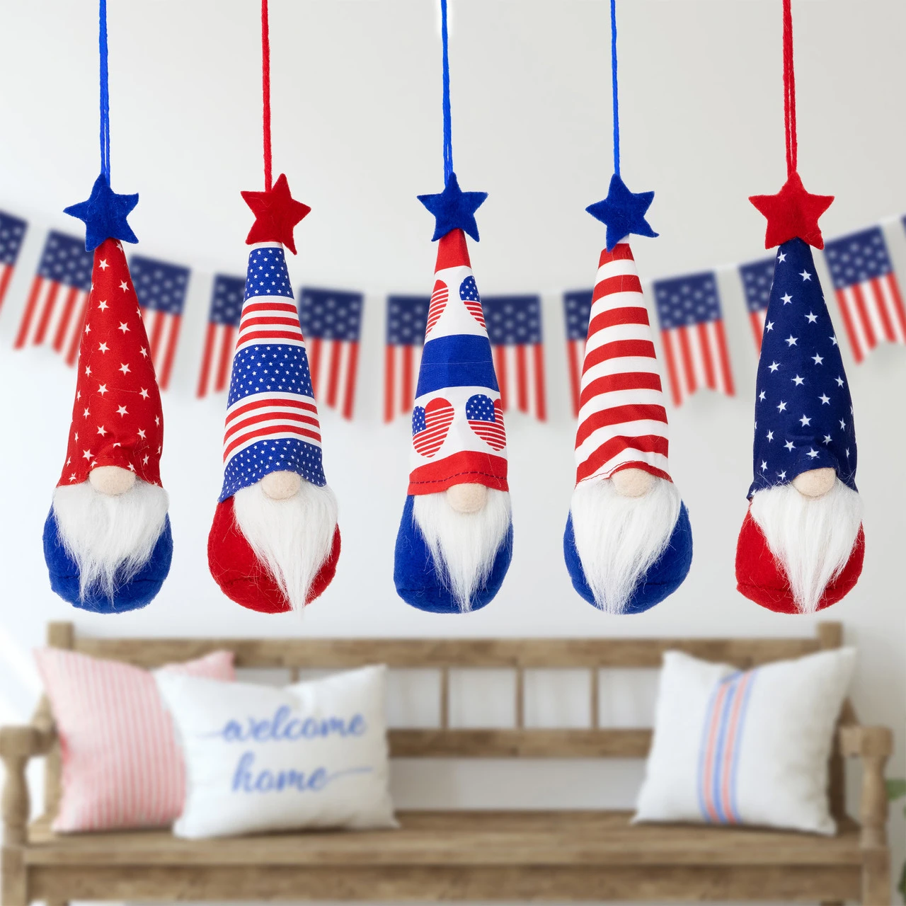 Set Of 5 Patriotic 4th Of July Americana Gnome Ornaments 6.5" 3 Set Of 5 Patriotic 4th Of July Americana Gnome Ornaments 6.5"