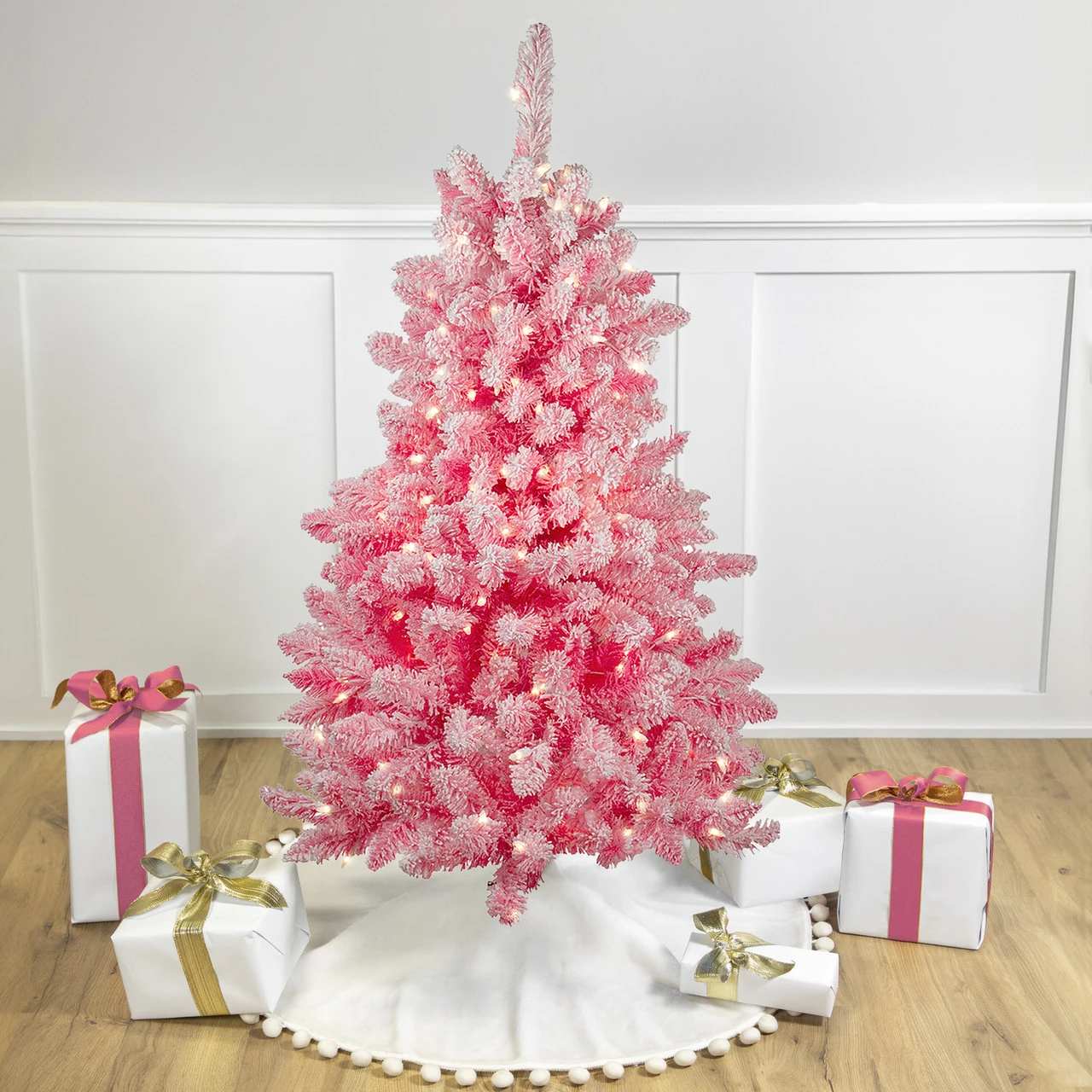 4' Pre-Lit Flocked Pink Pine Slim Artificial Christmas Tree - Clear Lights 3 4' Pre-Lit Flocked Pink Pine Slim Artificial Christmas Tree - Clear Lights