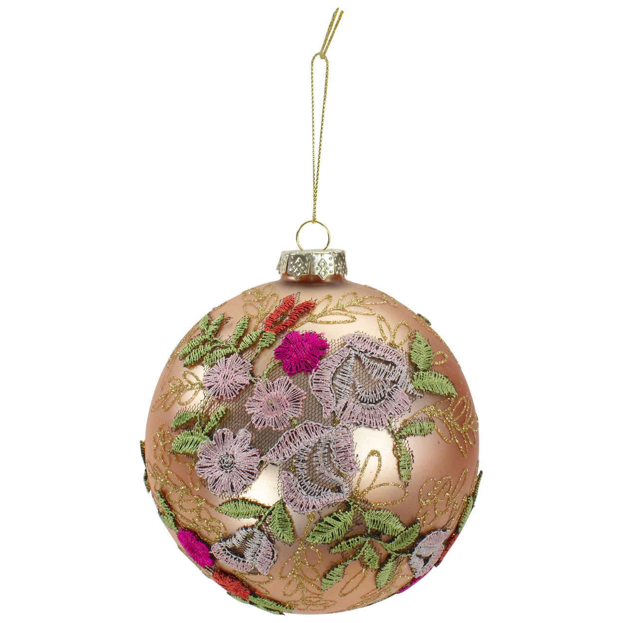 4.5" Pink Floral Applique Glass Ball Christmas Ornament 3 4.5" Pink Floral Applique Glass Ball Christmas Ornament