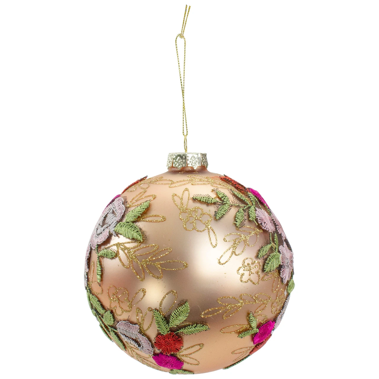 4.5" Pink Floral Applique Glass Ball Christmas Ornament 6 4.5" Pink Floral Applique Glass Ball Christmas Ornament - Image 4