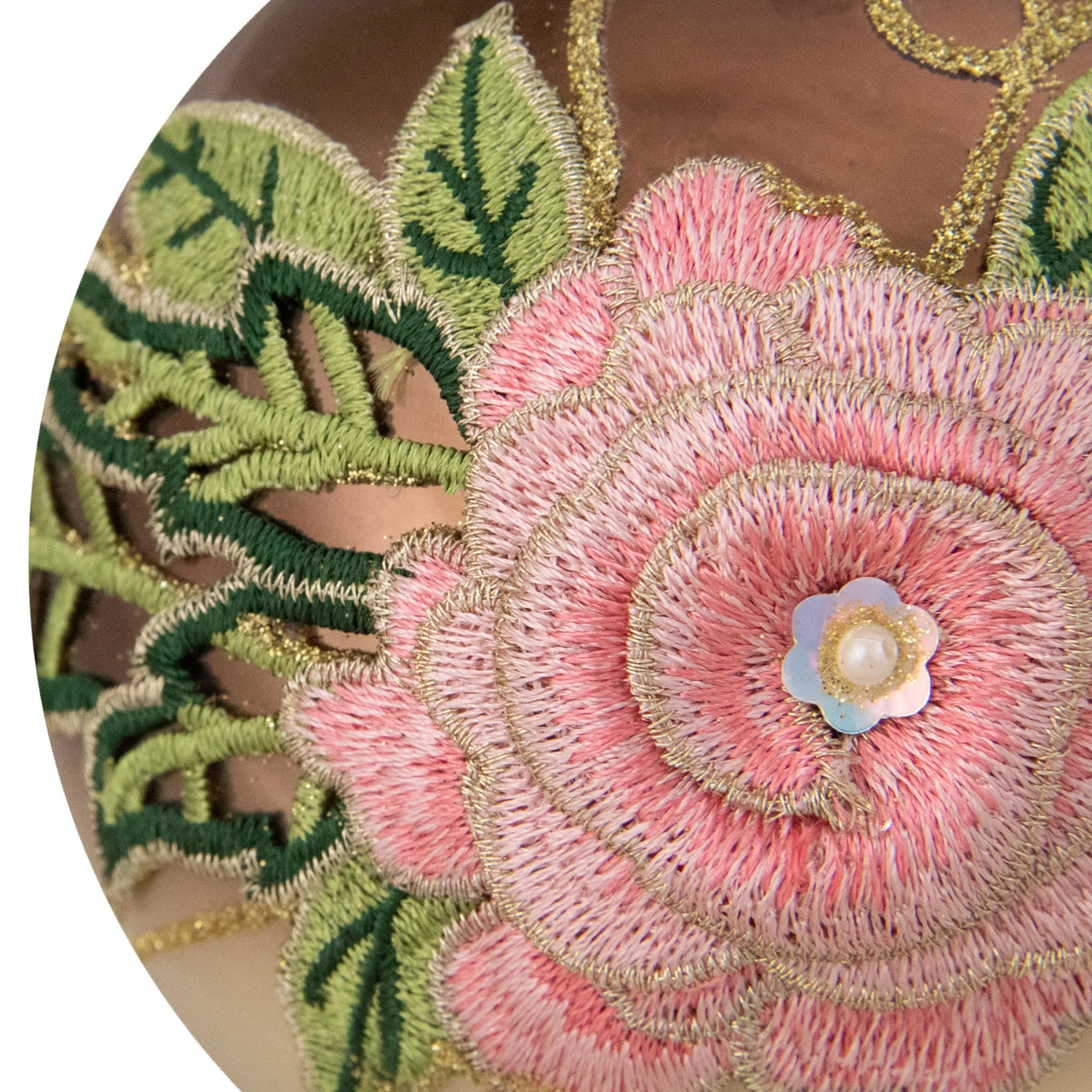 2-Finish Brown And Pink Floral Applique Glass Christmas Ball Ornament 5" (125mm) 6 2-Finish Brown And Pink Floral Applique Glass Christmas Ball Ornament 5" (125mm) - Image 4