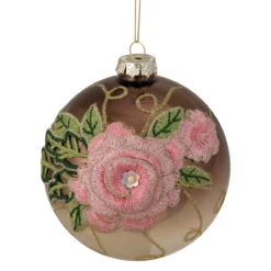 2-Finish Brown And Pink Floral Applique Glass Christmas Ball Ornament 5" (125mm)