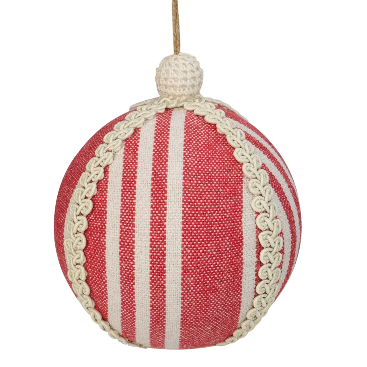 4.75" Red And White Striped Ball Christmas Ornament With Rope Accent 5 4.75" Red And White Striped Ball Christmas Ornament With Rope Accent - Image 3