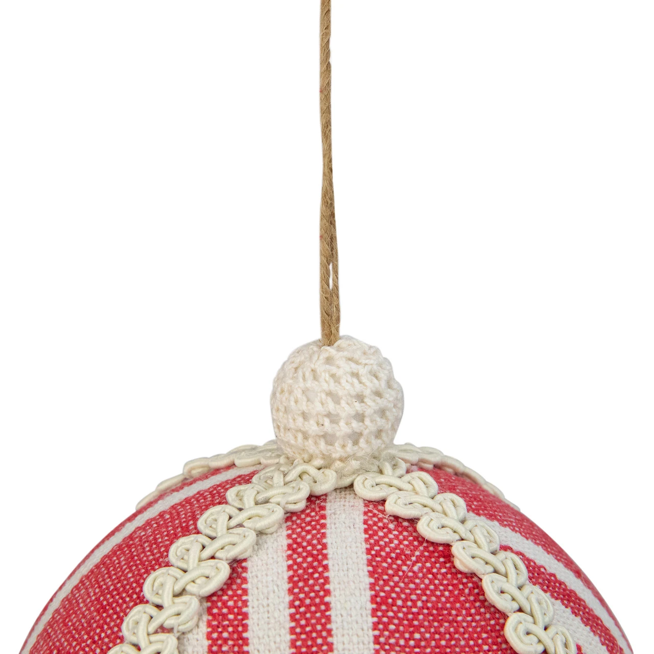 4.75" Red And White Striped Ball Christmas Ornament With Rope Accent 6 4.75" Red And White Striped Ball Christmas Ornament With Rope Accent - Image 4