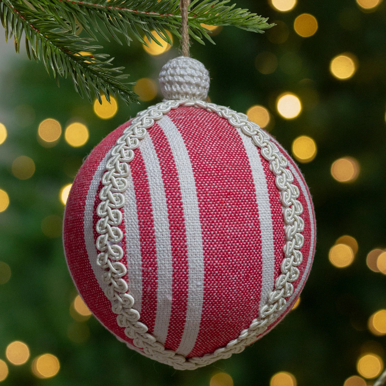 4.75" Red And White Striped Ball Christmas Ornament With Rope Accent 4 4.75" Red And White Striped Ball Christmas Ornament With Rope Accent - Image 2